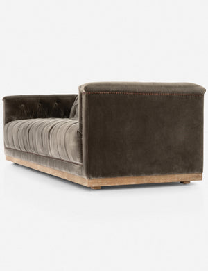 Right side view of Afia tufted gray-brown velvet sofa with nailhead trim and light wood base