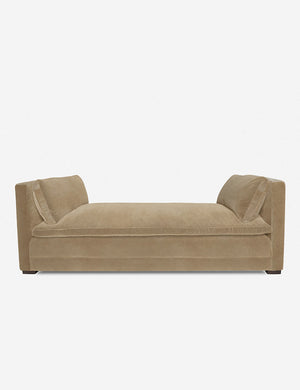 Elive Camel beige Velvet upholstered chaise with a pillowtop bench cushion and plush bolsters