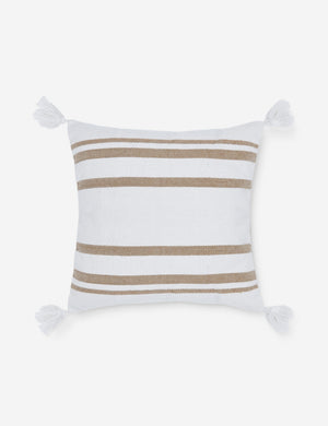 Fez indoor and outdoor white throw pillow with weather-resistant fabric, brown stripes, and fringe on all four corners