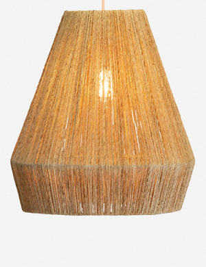 The Tarek twisted jute pendant light lit up