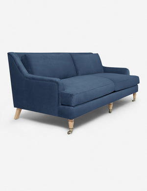 Angled view of the Rivington Harbor Blue Velvet sofa